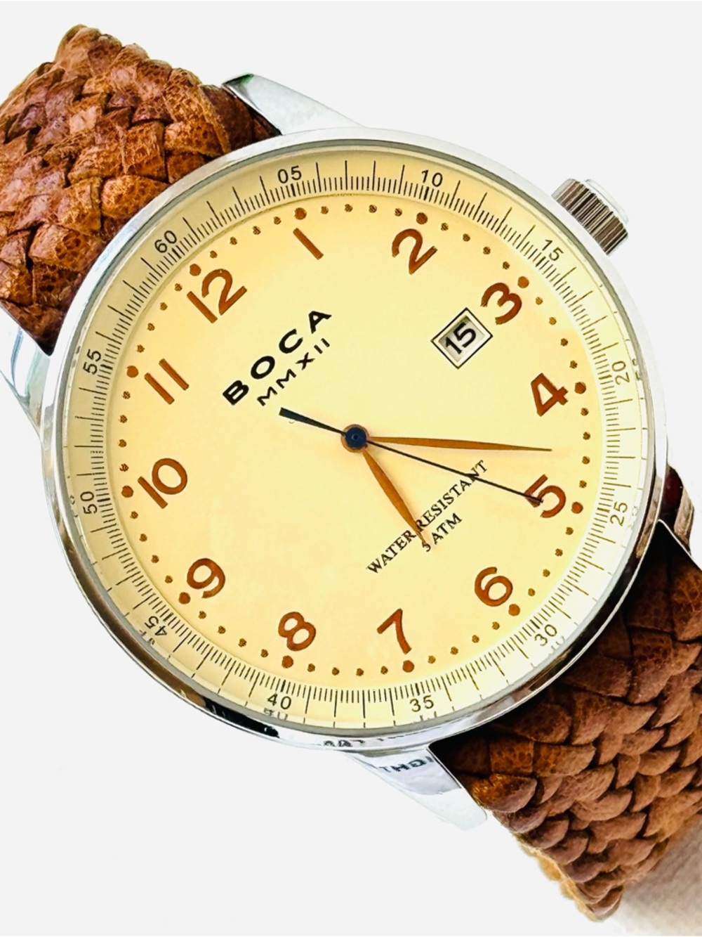 BOCA MMXII Traveler 43mm Bigger Face Men's Watch Silver Camel Brown Woven